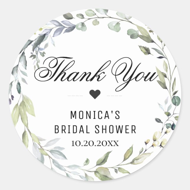 Watercolor Eucalyptus Greenery Bridal Shower Classic Round Sticker (Front)