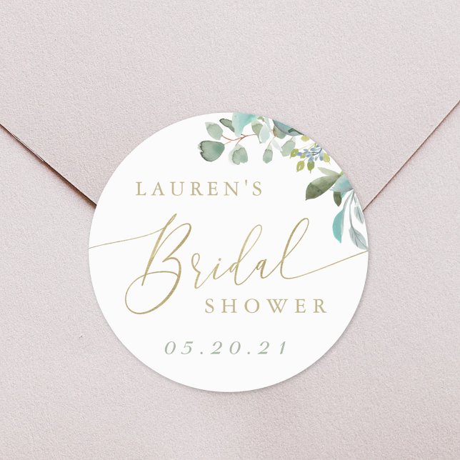 Watercolor Eucalyptus Greenery Bridal Shower Classic Round Sticker (Creator Uploaded)