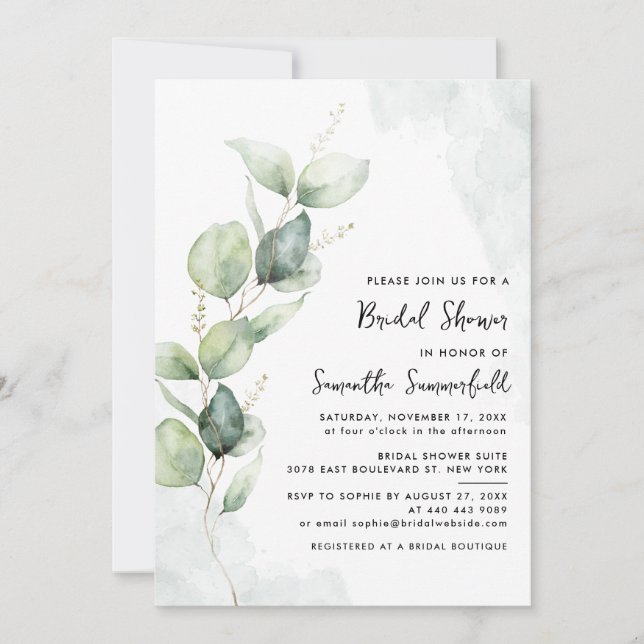 Watercolor Eucalyptus Greenery Bridal Shower Invitation (Front)