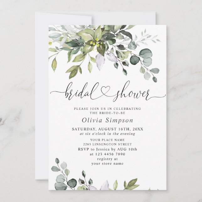 Watercolor Eucalyptus Greenery Bridal Shower Invitation (Front)