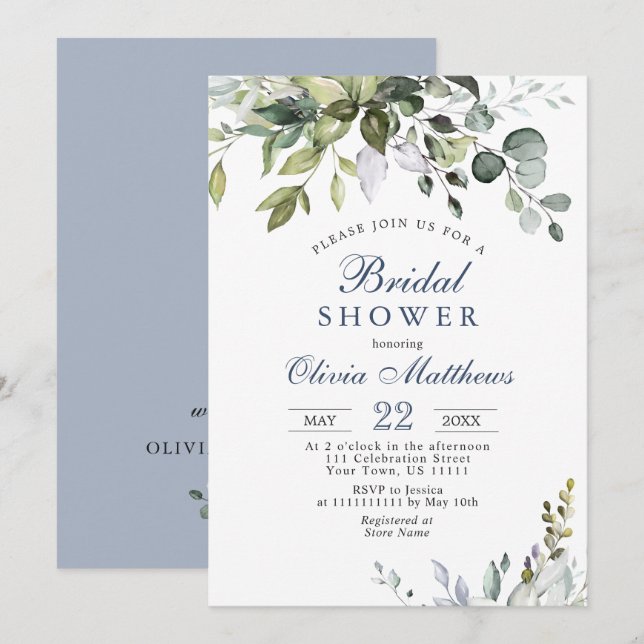 Watercolor Eucalyptus Greenery Bridal Shower Invitation (Front/Back)