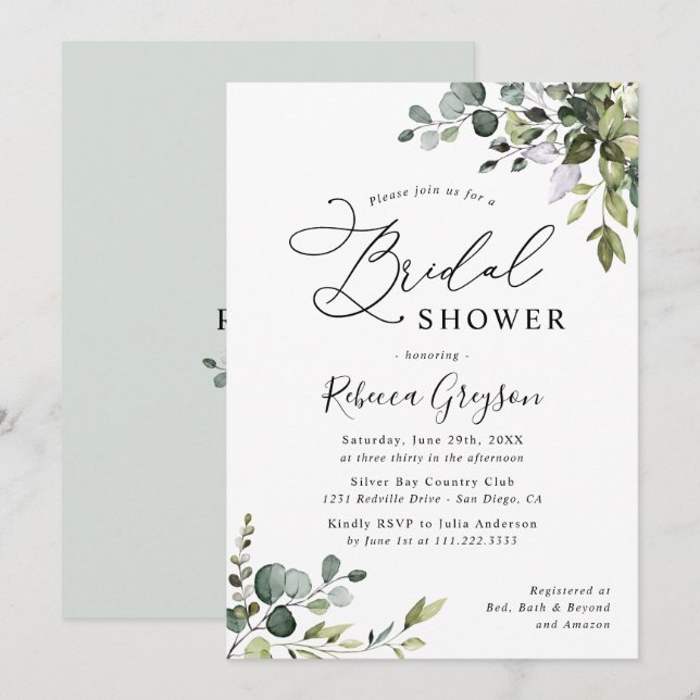 Watercolor Eucalyptus Greenery Bridal Shower Invitation (Front/Back)