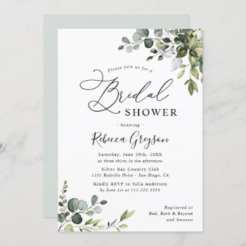 Watercolor Eucalyptus Greenery Bridal Shower Invitation by PeachBloome at Zazzle