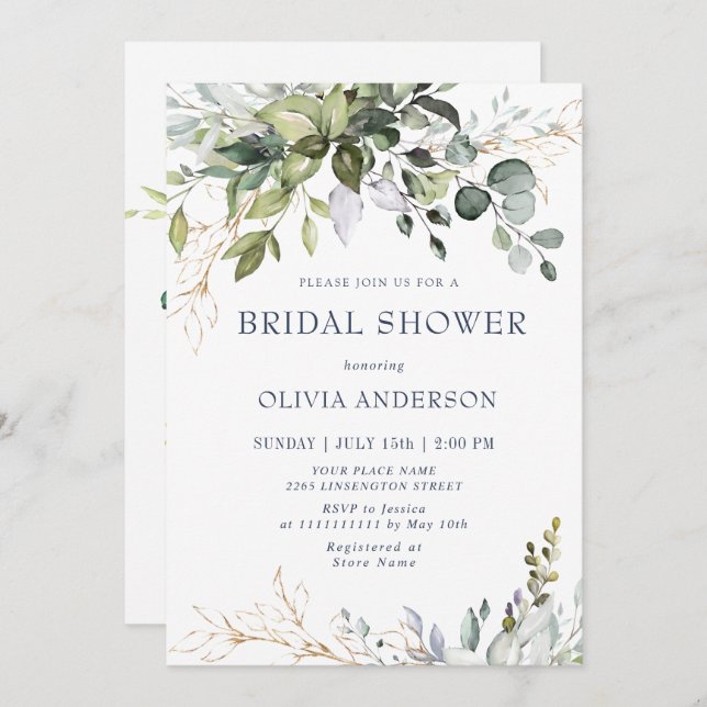 Watercolor Eucalyptus Greenery Bridal Shower Invitation (Front/Back)