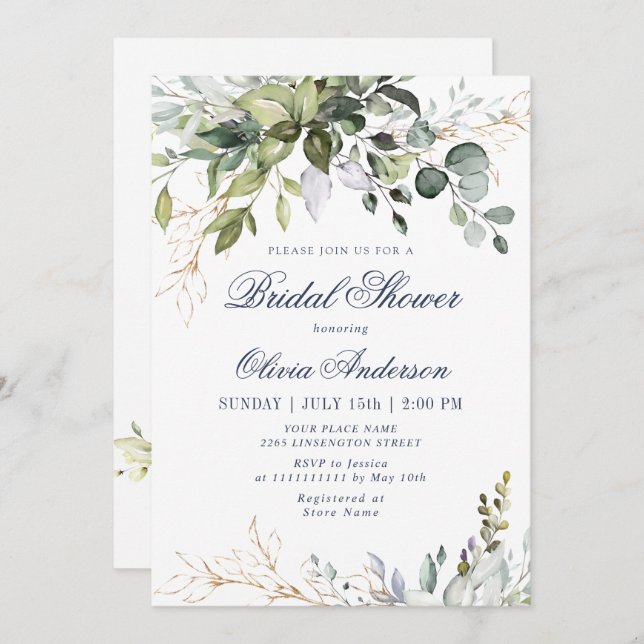 Watercolor Eucalyptus Greenery Bridal Shower Invitation (Front/Back)