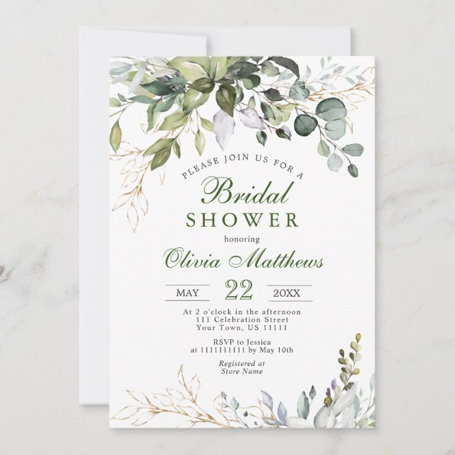Watercolor Eucalyptus Greenery Bridal Shower Invitation (Front)