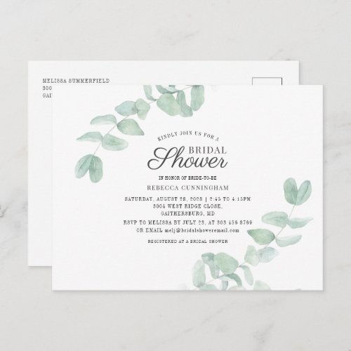 Watercolor Eucalyptus Greenery Bridal Shower Invitation Postcard