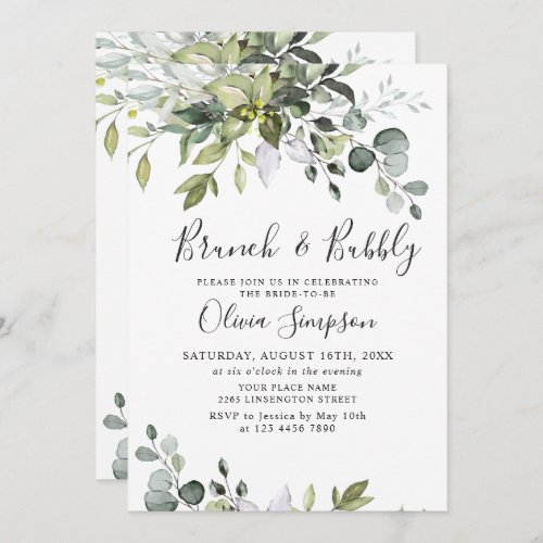 Watercolor Eucalyptus Greenery Brunch  Bubbly Invitation