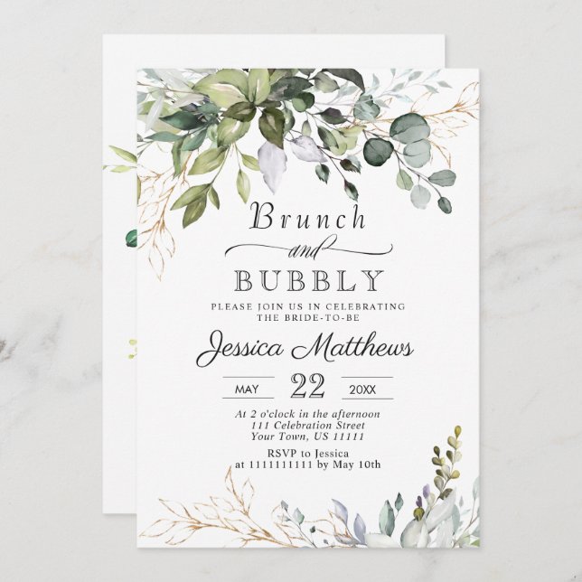 Watercolor Eucalyptus Greenery Brunch & Bubbly Invitation (Front/Back)