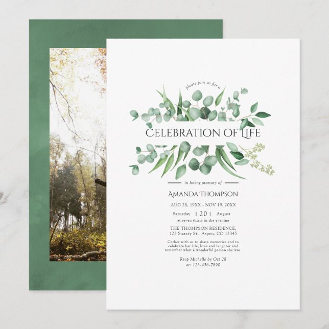 Watercolor Eucalyptus Greenery Celebration of Life Invitation (Front/Back)