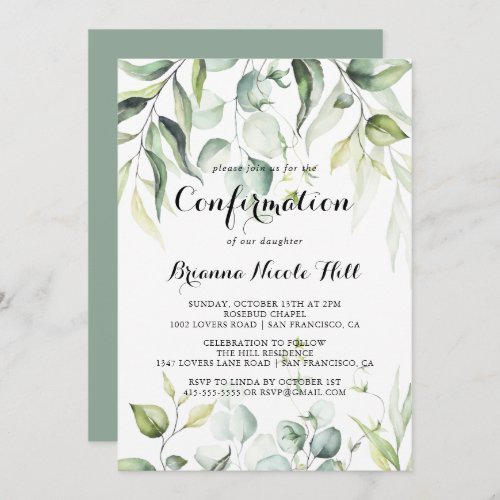 Watercolor Eucalyptus Greenery Confirmation  Invitation