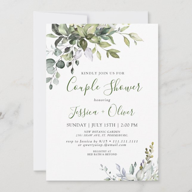 Watercolor Eucalyptus Greenery Couple Shower Invitation (Front)