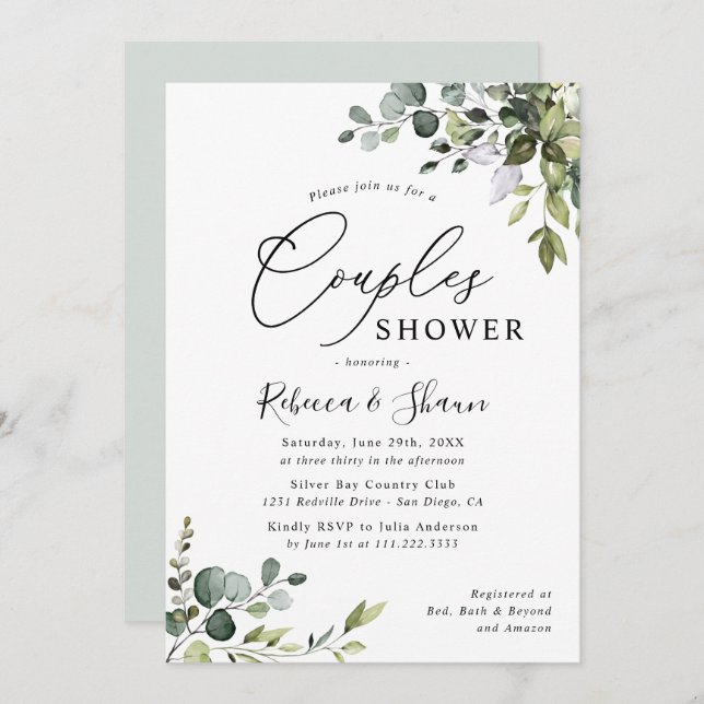 Watercolor Eucalyptus Greenery Couples Shower Invitation (Front/Back)