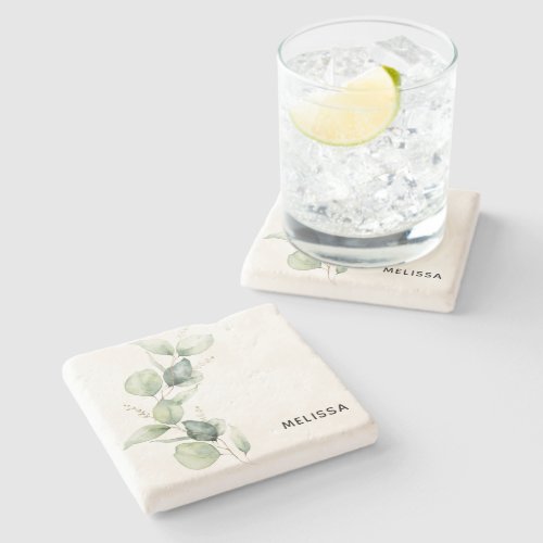 Watercolor Eucalyptus Greenery Custom Stone Coaster