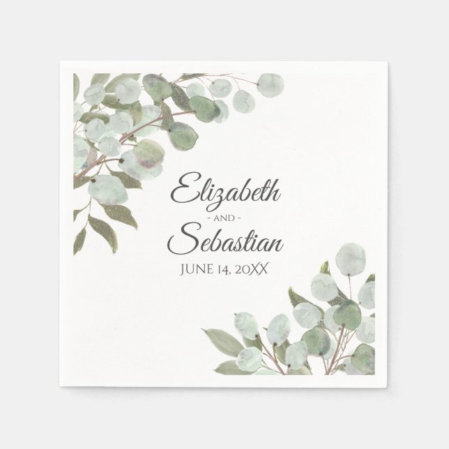 Watercolor Eucalyptus & Greenery Elegant Wedding Napkins (Front)