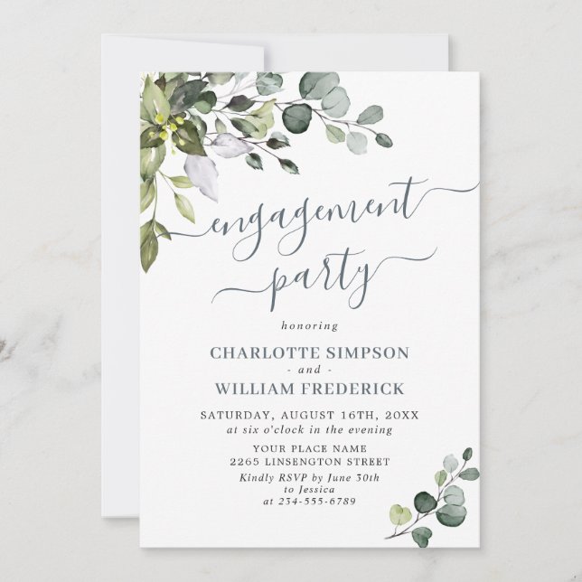 Watercolor Eucalyptus Greenery ENGAGEMENT PARTY Invitation (Front)