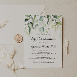 Watercolor Eucalyptus Greenery First Communion Invitation