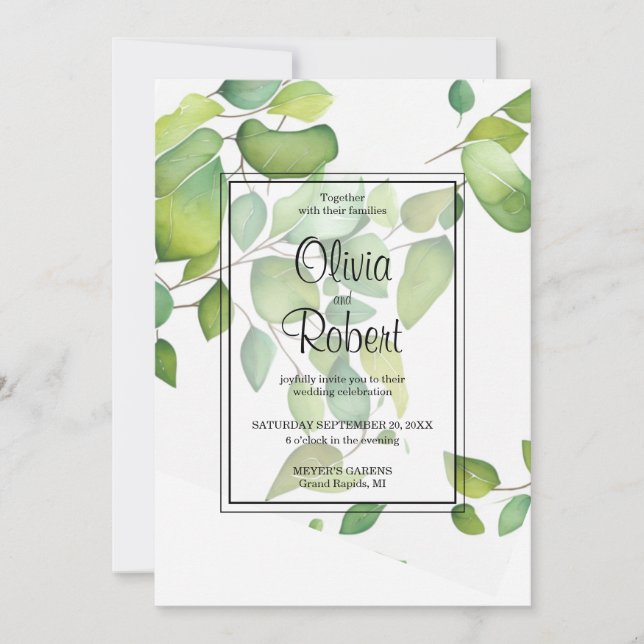 Watercolor eucalyptus greenery foliage wedding invitation (Front)