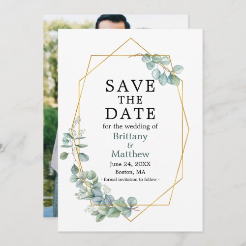 Watercolor Eucalyptus Greenery Geo Frame Photo Sav Save The Date