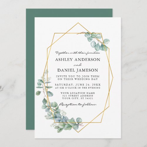 Watercolor Eucalyptus Greenery Gold Frame Wedding Invitation