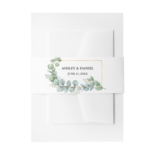 Watercolor Eucalyptus Greenery Gold Frame Wedding Invitation Belly Band