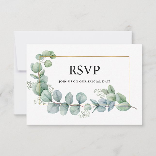 Watercolor Eucalyptus Greenery Gold Frame Wedding RSVP Card (Front)