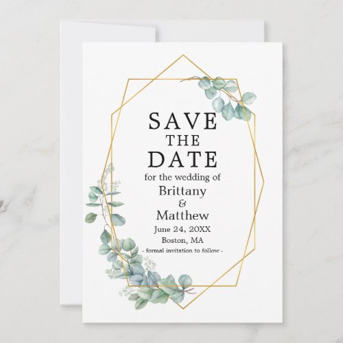 Watercolor Eucalyptus Greenery Gold Geo Frame Save The Date