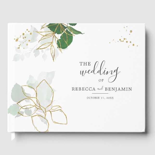 Watercolor Eucalyptus Greenery Gold Leaves Wedding Guest Book (Front)