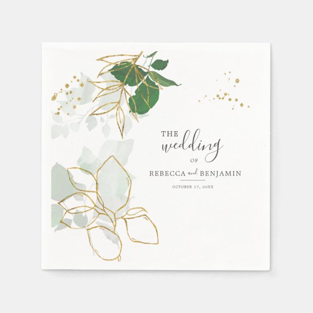 Watercolor Eucalyptus Greenery Gold Leaves Wedding Napkins (Front)
