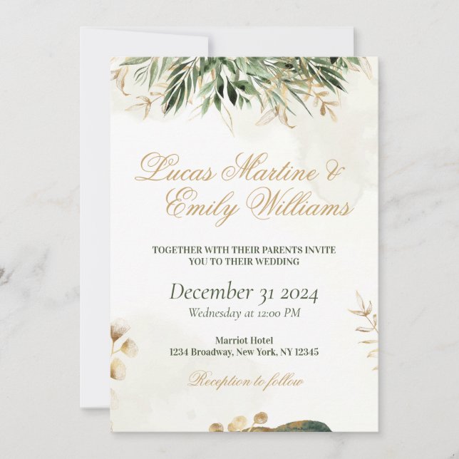 Watercolor Eucalyptus Greenery Gold Neustra Boda Invitation (Front)