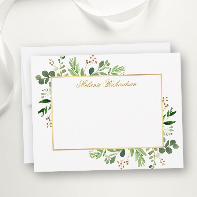 Watercolor Eucalyptus Greenery Gold Personalized Note Card (Customize to change text color,  text style or to add more text to back of card.)