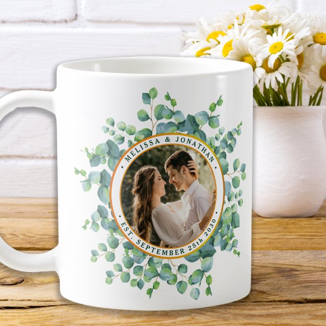 Watercolor Eucalyptus Greenery Gold Photo Wedding Coffee Mug (Creator Uploaded)