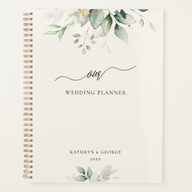 Watercolor Eucalyptus Greenery Gold Planner (Front)