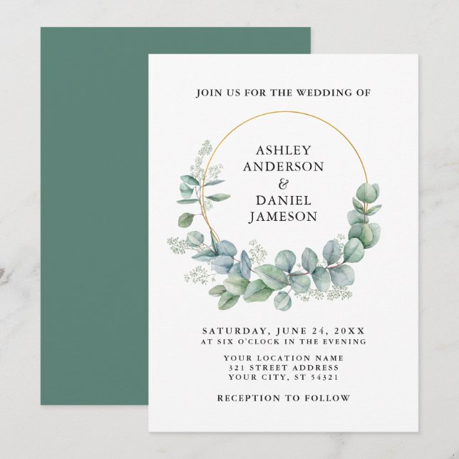 Watercolor Eucalyptus Greenery Gold Wedding Invitation (Front/Back)