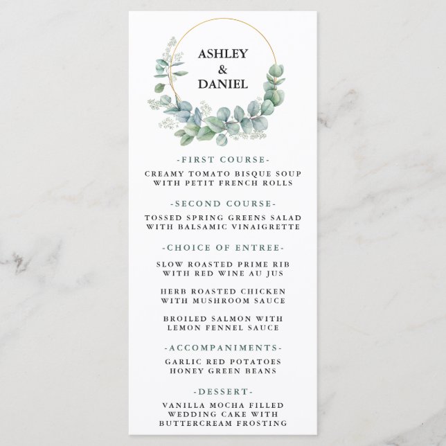 Watercolor Eucalyptus Greenery Gold Wedding Menu (Front)