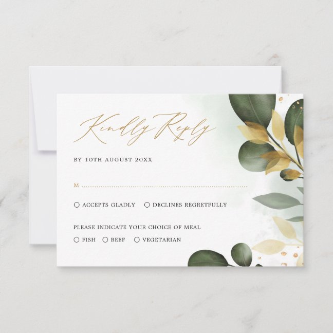 Watercolor Eucalyptus Greenery Gold Wedding RSVP Card