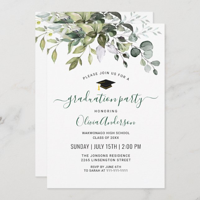 Watercolor Eucalyptus Greenery Graduation Party Invitation (Front/Back)