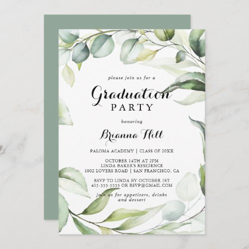 Watercolor Eucalyptus Greenery Graduation Party  Invitation
