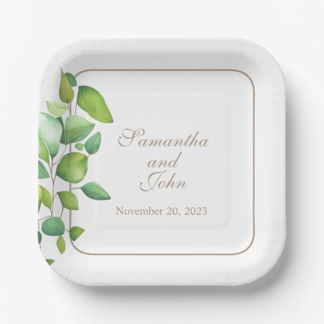 Watercolor eucalyptus greenery green foliage  paper plates (Front)
