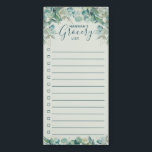 Watercolor Eucalyptus Greenery Grocery List Magnetic Notepad<br><div class="desc">Grocery shopping list magnetic notepad with a green and gold eucalyptus leaf botanical top border and a green background.  Add your own custom name to the notepad for a personal touch.  An elegant and feminine gift for ladies that love botanical gifts.</div>