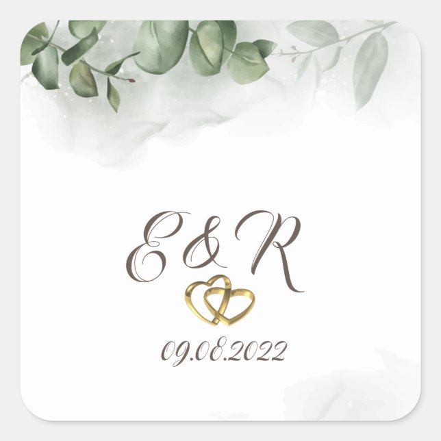 Watercolor Eucalyptus Greenery  Hearts Wedding Square Sticker (Front)