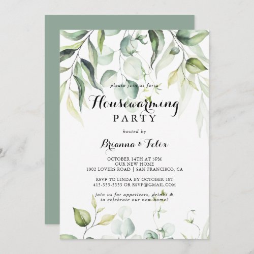 Watercolor Eucalyptus Greenery Housewarming Party Invitation