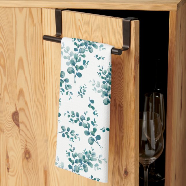 Watercolor eucalyptus greenery kitchen towel (Thirds Fold)