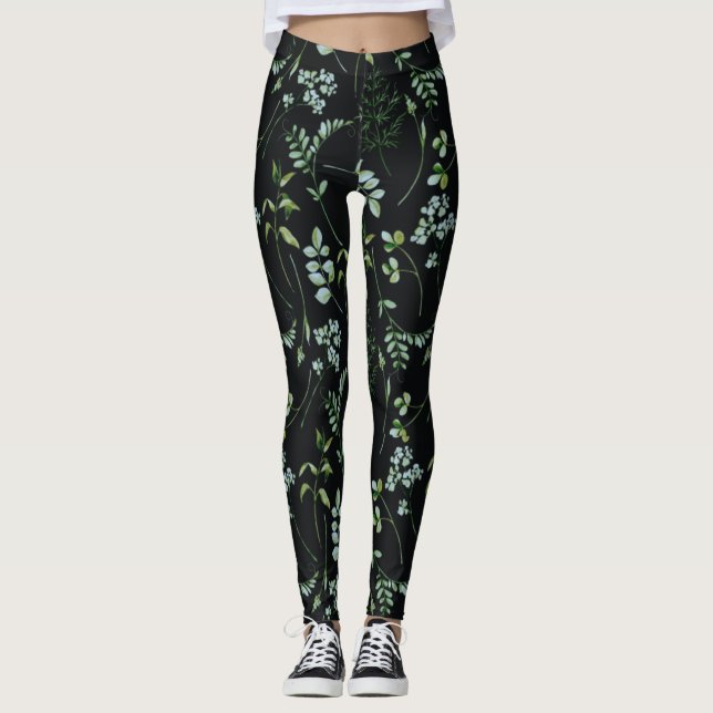 Watercolor Eucalyptus Greenery Leaves Leggings (Front)