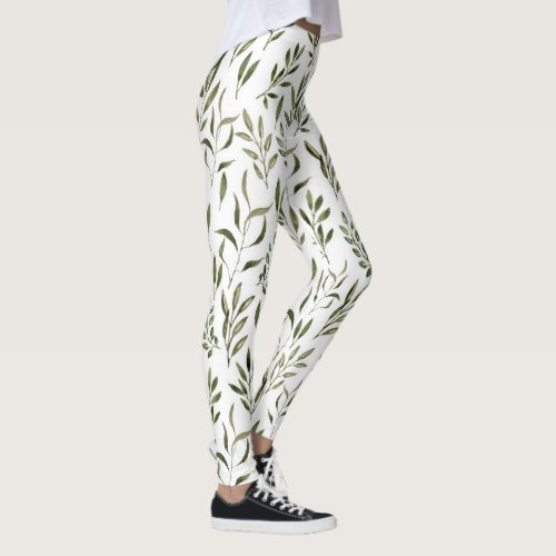 Watercolor Eucalyptus Greenery Leaves Pattern Leggings