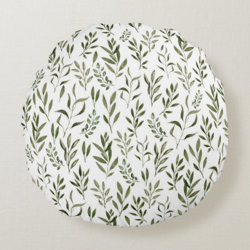 Watercolor Eucalyptus Greenery Leaves Pattern   Round Pillow