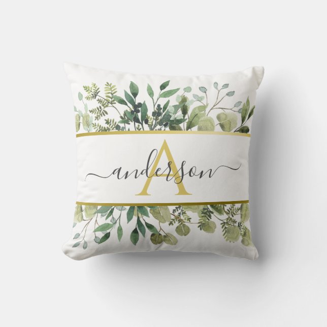 Watercolor Eucalyptus & Greenery | Monogram Throw Pillow (Front)