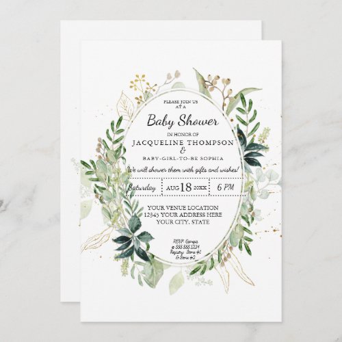 Watercolor Eucalyptus Greenery n Gold Baby Shower Invitation