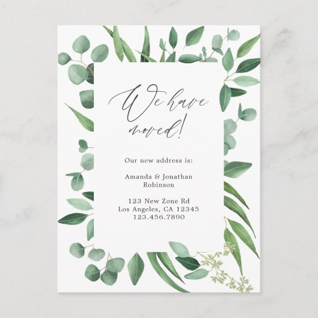 Watercolor Eucalyptus Greenery New Address Announcement Postcard (Front)