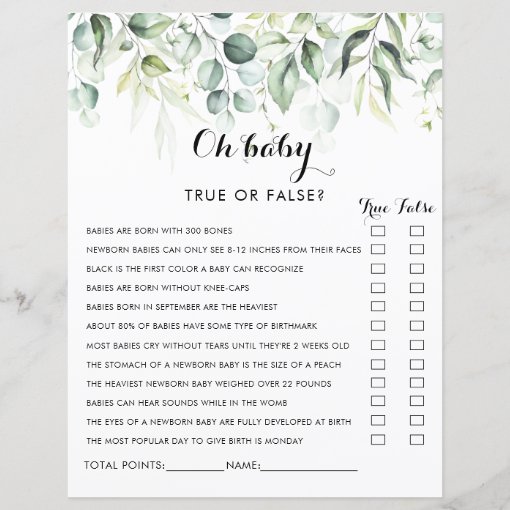 Watercolor Eucalyptus Greenery Oh Baby Shower Game | Zazzle